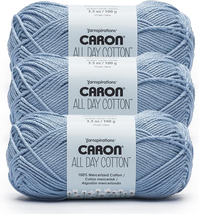 Caron All Day Cotton Yarn for Crocheting, Eyes Blue, 3-Pack | #4 Worsted Yarn, 100% Mercerized Cotton, Soft Crochet Yarn for Knitting, Amigurumi & Crafts, 173yds, 100g/3.5oz per skein