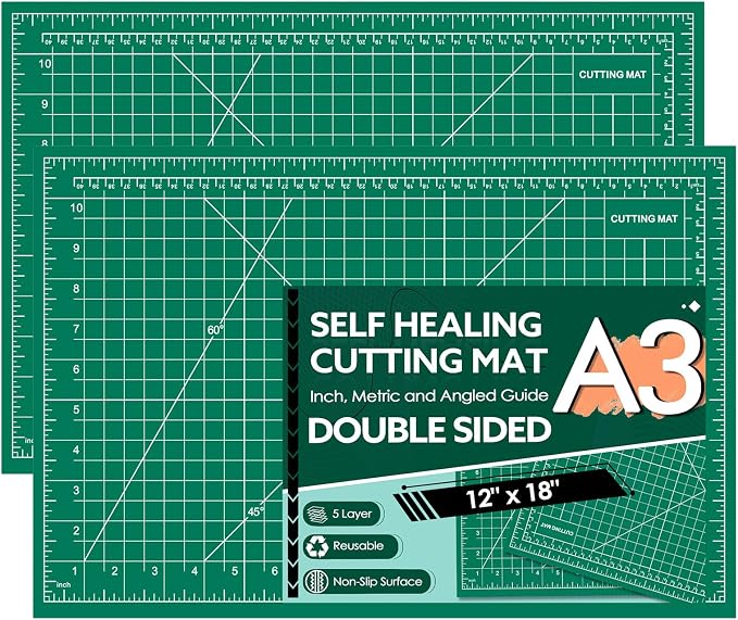 2 Packs Self Healing Cutting Mat Bulk 12"x18" Rotary Cutting Sewing Mats A3 | Cutting Board for Fabric Crafting Sewing Scrapbooking Quilting, Precision Cutting, Double Sided 5-Ply