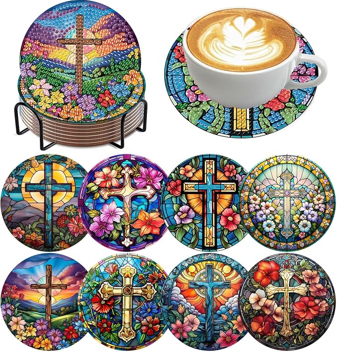 8 Pack Diamond Art Coasters Kits-Cross Diamond Painting Coasters for Adults