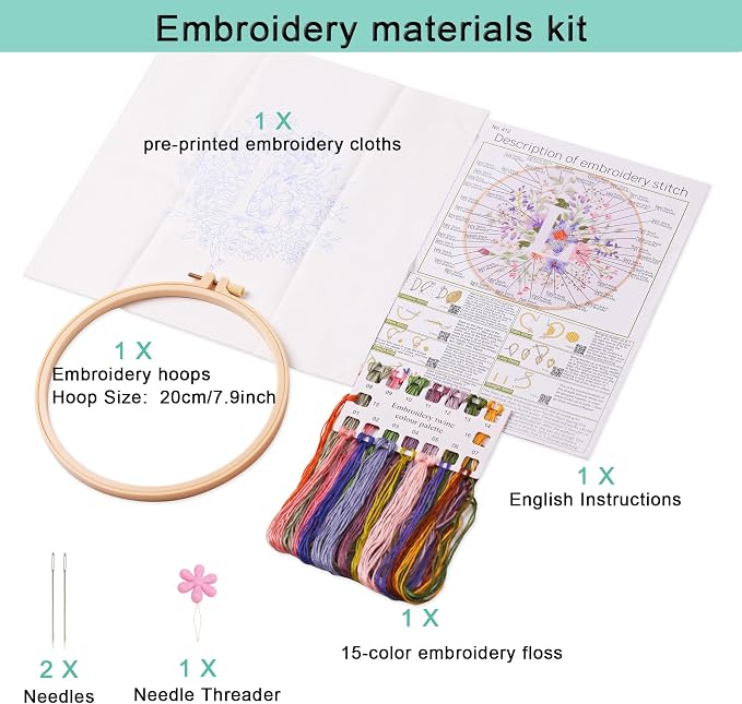 Harimau Letter L Pattern Embroidery Kit for Adult Beginners, Complete Starter Pack with 1 Hoop, Needles, Instruction Guide & Embroidery Stitch Video Tutorials