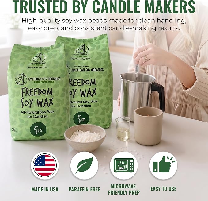 American Soy Organics Freedom Soy Wax Beads, All-Natural Candle Wax, 10 lbs | DIY Candle Making Supplies Ideal for Container Candles, Tealights & Wax Melts, Paraffin-Free, Beeswax-Free, Microwavable