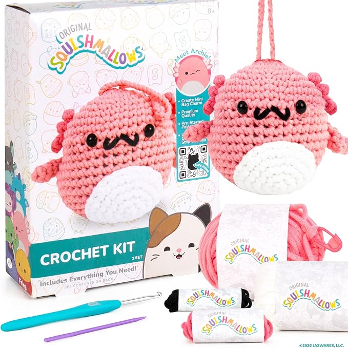 Original Squishmallows™ Crochet Kit – Archie Bag Charm, Axolotl Crochet Kit for Beginners with Yarn, Starter Hooks, Step-by-Step Tutorials, DIY Craft, Great Teen Gifts