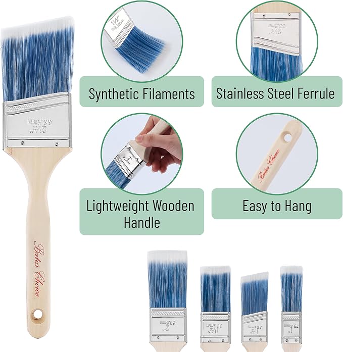 Bates Paint Brushes, 5 Pack - Flat & Angle Brushes, Assorted Sizes, Wooden Handle, for Walls & Furniture