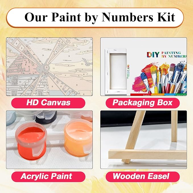 SparkGlow Windmail Paint by Number Kits for Adults with Frame, 8×12 Inch | Sunset Landscape Painting by Numbers, Premium Materials, Fun and Relax, Include Easel, Number Painting for Gift, Home Decor