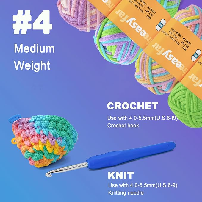 4x50g Beginner Easy Yarn Kit for Crocheting and Knitting; Worsted-Weight Medium #4;Crocheting and Knitting kit with Tool Set (Coral+Ocean+Periwinkle+Green, 4 Skein)