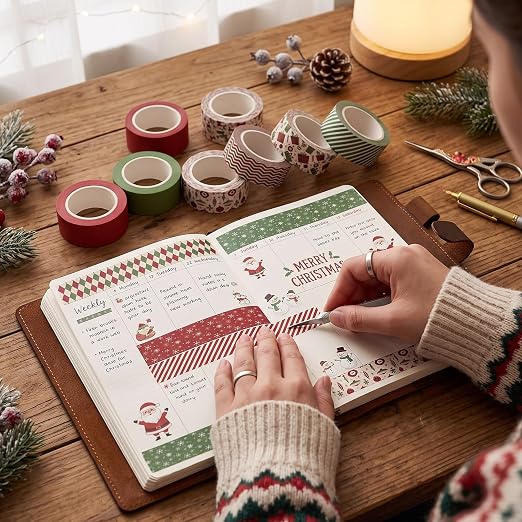 12 Rolls Vintage Washi Tape Set,Red and Green,Christmas | Vinatge Striped Santa Gifts Design for Xmas Scrapbook Journal DIY Craft Supplies, 15 mm Vintage Decorative Masking Washi Tape