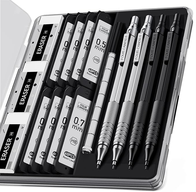 4PCS Metal Mechanical Pencil Set, 0.5mm+0.7mm, Storage Case, Black＆Silver