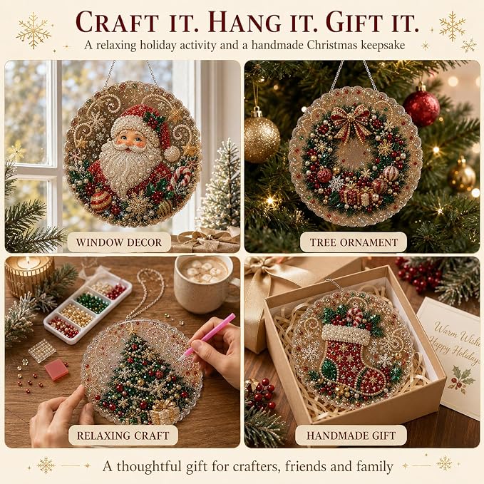 Christmas Pearl Diamond Painting Suncatcher Kit, DIY Craft (#G, 8in)