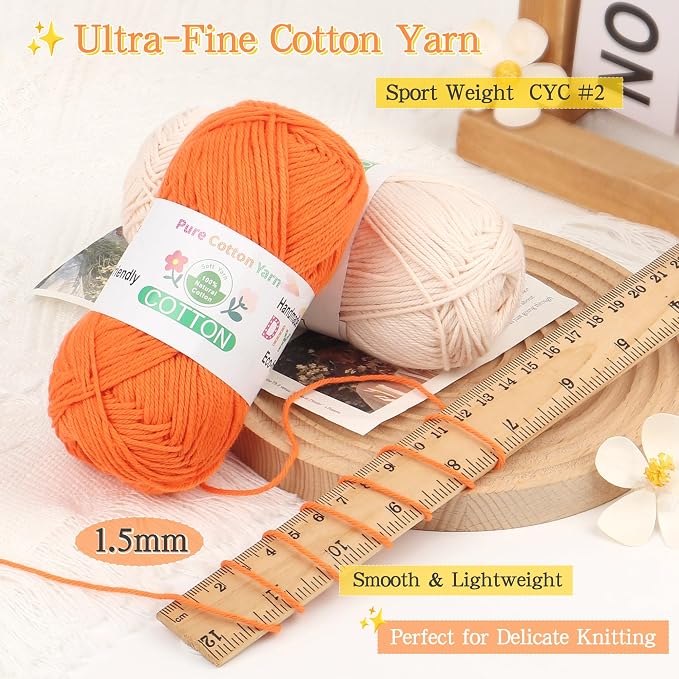 Katech 1OO% Cotton Yarn for Crocheting & Knitting–Baby Cotton Yarn (F) | 12-Color of 137 Yards/1.76 oz Sport Weight CYC #2-Soft & Breathable-Ideal for Dishcloths, Baby Clothes, Potholders & Crafts