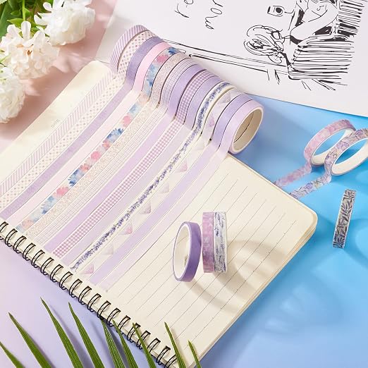 20 Rolls Scrapbook Tape 7 mm Cute Decorative Tape Set Floral Tape Pack Purple Aesthetic Colored Tape Rolls Stickers for Crafts DIY Scrapbook Bible Study Journaling Planner Supplies