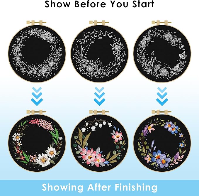 ERKOON 3 Sets Embroidery Kit, Floral Cross Stitch Set for Include Embroidery Cloth Hoops Threads for Craft Lover Hand Stitch (Garlands)