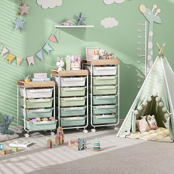 SYKIARIOL Utility Cart with Drawers,Craft Cart with 5 Drawers,Green | Art Supply Organizer,Rolling Drawer Cart,Craft Storage Cart,Storage Drawer Carts With DIY Lable and Wooden Tabletop Area