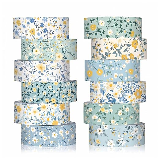 12 Rolls Floral Washi Tape Set,Blue,Wildflower | Watercolor Flowers Design for Scrapbook Journal DIY Craft School Supplies, 15 mm Vintage Decorative Masking Washi Tapes