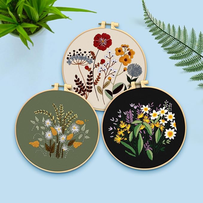 ERKOON 3 Sets Embroidery Kit, Floral Cross Stitch Set for Include Embroidery Cloth Hoops Threads for Craft Lover Hand Stitch (Plants & Flowers)