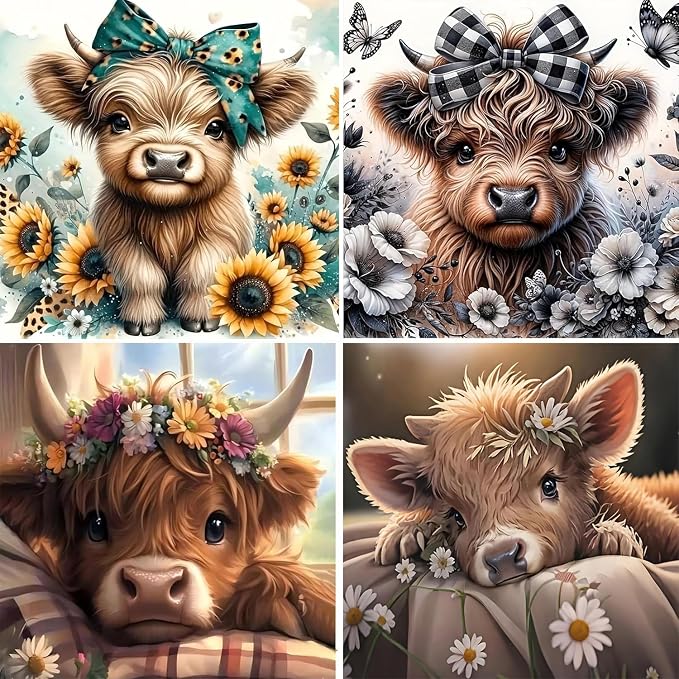 4 Pack Diamond Art Kits for Adults, Cow Diamond Painting Kits 12x12 inch