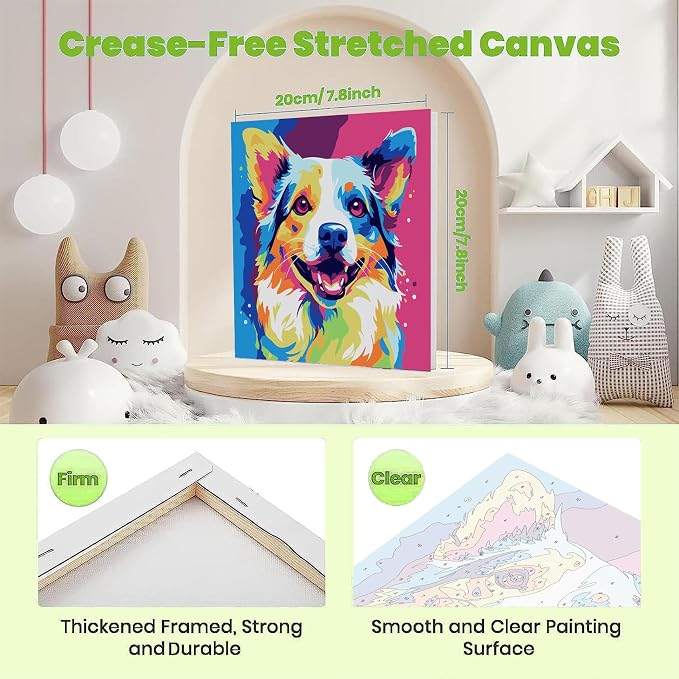 ajepon Dog Paint by Numbers Kit for Kids with Frame - Dog Paint by Number for Kids, Kid Painting by Number Kits Age 6-8 for Home Wall Decor 8X8inch (with Wooden Easel)