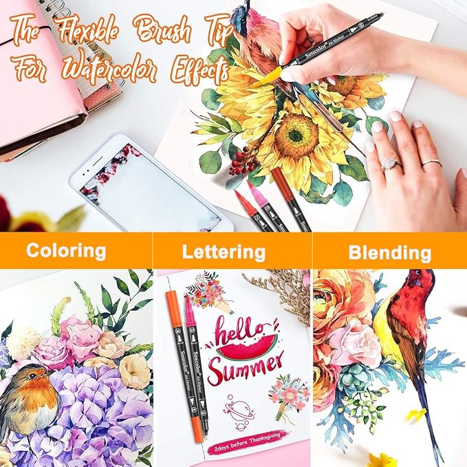 Soucolor 36 Dual Tip Brush Markers, Water-Based Art Pens, Adult Coloring | 36 Color Dual Tip Markers with Brush & Fine Point for Adult Coloring Books, Hand Lettering, Journaling & Drawing Pens