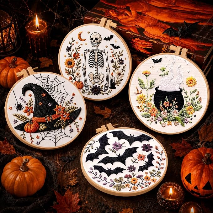 4 Set Halloween Embroidery Kit, DIY Hand Embroidery Kit for Beginners