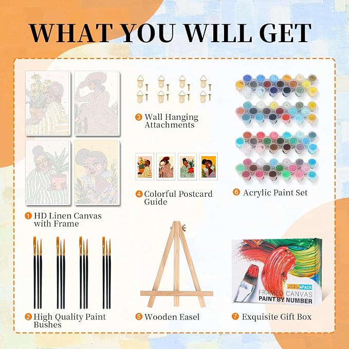 Okarina 4 Pack Paint by Numbers Kit for Adults with Frame, African Women | DIY Acrylic Painting Kit with Wooden Easel, Framed Paint by Number for Beginners, Home Wall Decor & Gift, 8 x 12 Inch