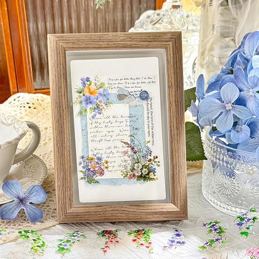 Misty Island Florals PET Pre-Cut Floral Tape Set - 6 Rolls Clear Flower Sticker Strips + 1 Clip for Scrapbook Journals Junk Journal Coastal Cottage DIY Décor