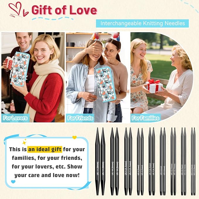 Aeelike 9 Pair Interchangeable Knitting Circular Needles Set 3-8.0mm, Black | Aluminum Interchangeable Knitting Needles with 4 Cables, Smooth Complete Needles Set for Socks Blankets Sweaters, Ideal Gift