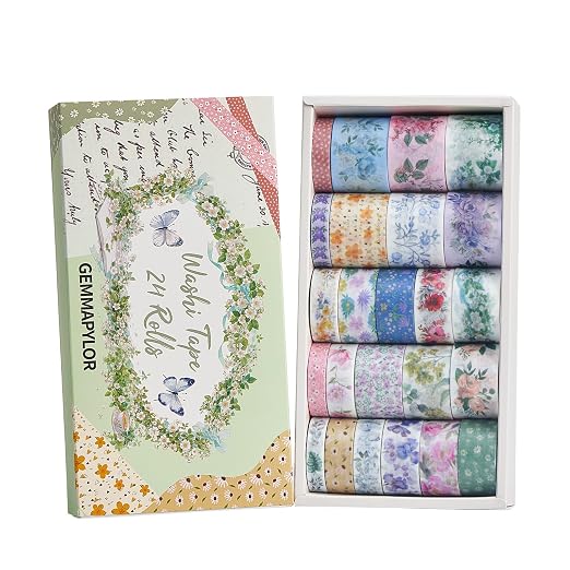Floral Washi Tape Set 24 Rolls,Decorative Masking Tape for Junk Journal, Scrapbooking Supplies, DIY Crafting Supplies