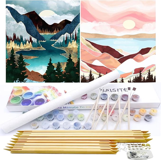 BAISITE Paint by Numbers Kit for Adults Beginners,12" Wx16 L 2 Pack Canvas for Painting Kits for Adults in Colorful Box-Sunset Lake Mountains 1112-DIY Frame