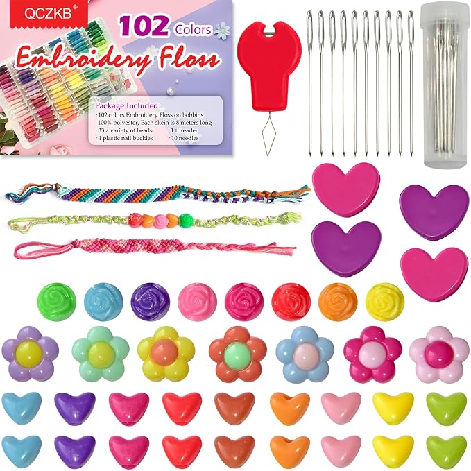 QCZKB Friendship Bracelet String 102 Skeins Fashionable Rainbow Color Embroidery Floss Cross Stitch Embroidery Thread Bracelet Yarn, Craft Floss with Beads，Tool kit
