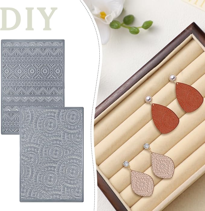 DoubleFill 12 Pcs Polymer Clay Texture Sheets Mat Works with Polymer Clay Cutter Embossin Roller DIY Tools for Pottery Earrings Jewelry Making DIY Craft Supply