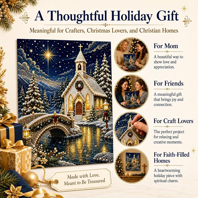 DIY Christmas Pearl Diamond Painting Kit, 5D Pearl Art Craft for Adults and Beginners, Christmas Church and Jesus Wall Decor, Holiday Gifts, 12 x 16 Inch (Church Design E)