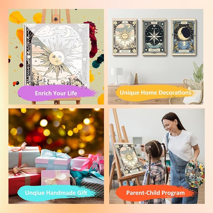 Tarot Paint by Numbers Kit for Adults with Frame, 3 Pack, 7.8x11.8 inch | DIY Painting Kits Crafts for Adults, Relieve Stress, Frame Canvas, Wooden Easel, Gift Box, Home Wall Decor