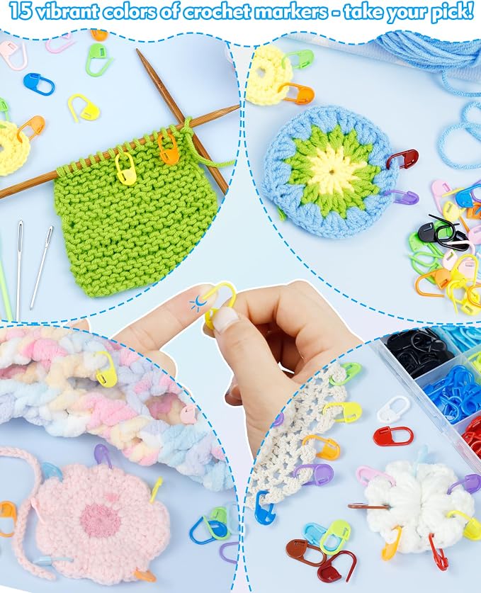 FIVEIZERO 220/900 Pieces Stitch Markers,with 15 Pcs Large Eye Blunt Sewing Needles,Colorful Crochet Stitchs Markers for Knitting Stitch Locking Clips Crochet Pins with Storage Box