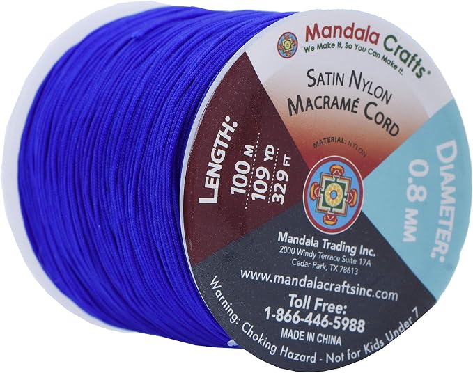 Mandala Crafts 0.8mm Blue Rattail Nylon Satin Cord for Jewelry Making