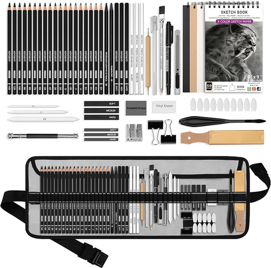 HIFORNY 60 Pcs Drawing Kit Sketching Pencil Set,Sketch Pencils Art Supplies with 3-Color Sketchbook,Graphite,Charcoal,Drawing Pencils for Adults Artists