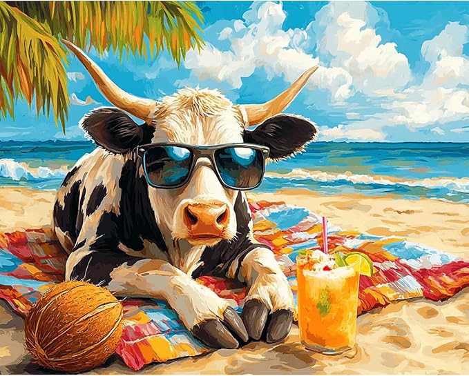 Paint by Numbers Kit for Adults, Funny Beach Cow Number Painting Canvas Kit | DIY Acrylic Painting Set for Beginners, Stress Relief Relaxing Craft, Home Wall Decor, Holiday Gift for Adults, 16x20 Inch