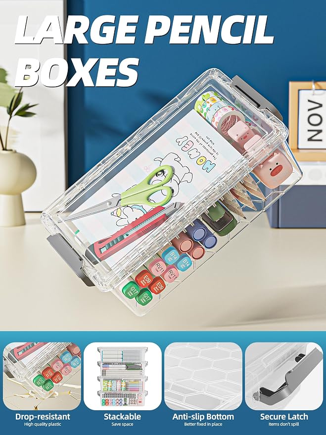 BiuLeon 4 Pack Extra Large Pencil Box, Plastic Pencil Case Organizer, Clear Crayon Box Marker Organizer, Stackable Craft Organizers and Storage for Pen, Craft, Art Supply(Green/Blue/Pink/Black)