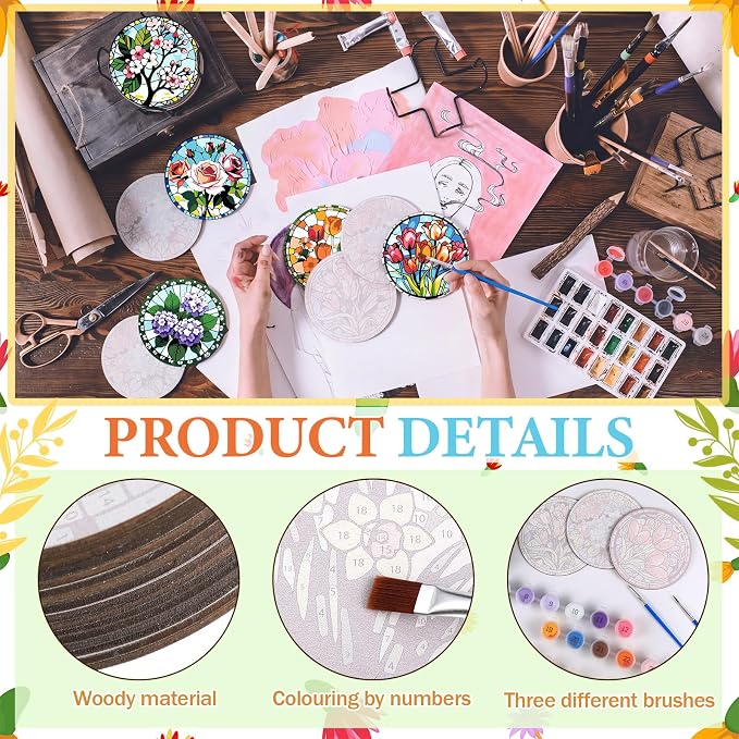 Reallnaive 8 Pcs Flower Paint by Numbers Kit for Adults Wood Floral Coaster | Mini Paint by Numbers, Tiny Round Oil Painting Drink Coaster with Holder, for Small DIY Craft Birthday Gift