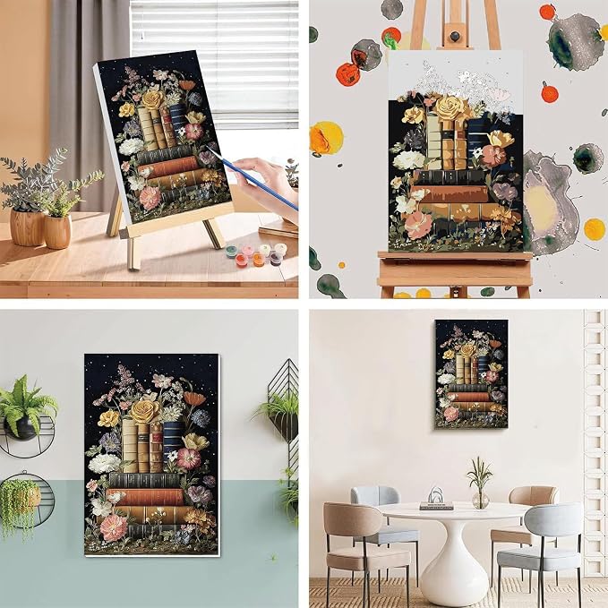 xackcme Book Paint by Numbers for Adults with Framed Canvas 8x12 inch | Flowers Paint by Number on Canvas, DIY Books Acrylic Oil Painting Kits with Brushes Wooden Easel for Home Wall Decor