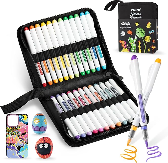 Ohuhu Acrylic Paint Markers Brush Tip 24 Colors Opaque Paint Pens-Nahuku