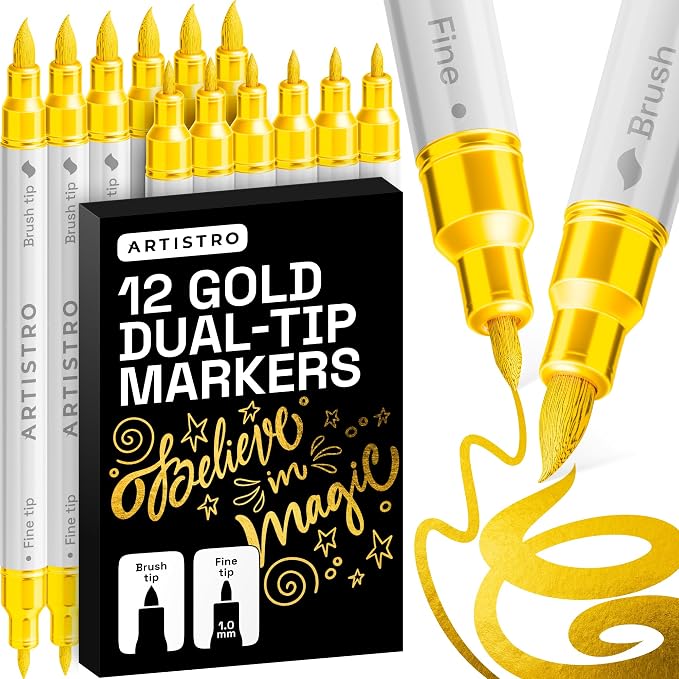 ARTISTRO 12 Gold Dual-Tip Acrylic Paint Marker Pens for Drawing | For Fabric, Rock, Glass, Wood, & Molds, Arts & Crafts Gift for Adults, Teens, & Kids, Classroom Must Haves & School Supplies