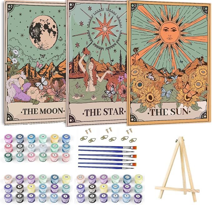 3 Pack Paint by Numbers Kit for Adults Framed Canvas, with Wooden Easel | Framed Canvas, Paint by Numbers for Kids Ages 8-12, Sun and Moon DIY Acrylic Landscape Oil Painting Arts Crafts, 9.45x11.8in