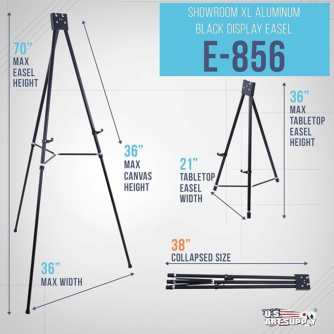 U.S. Art Supply 70" High Showroom XL Silver Metal Display Easel, Large | Adjustable Height Portable Easel Stand, Sign Display, Holds 45 lbs - Floor & Tabletop Easels, Painting Stand