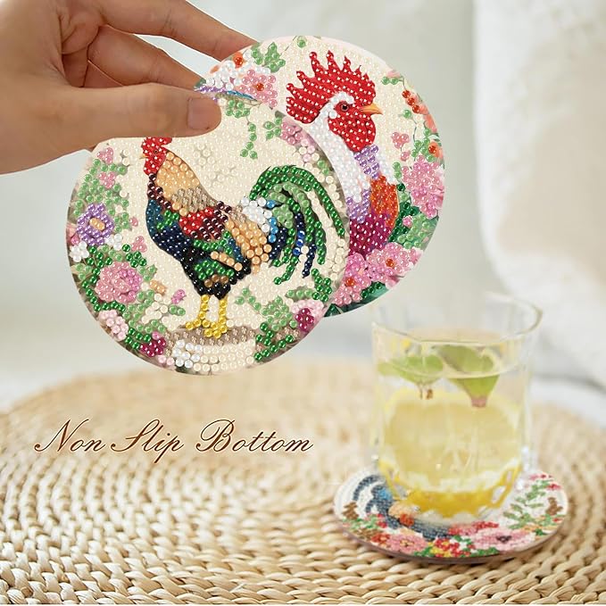 askkqtx 8 Pcs Chicken Diamond Art Coasters Kits with Holder 4X4 Inch
