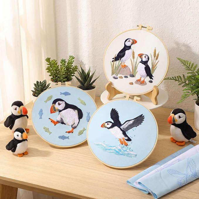 Mindsoft 3 Set Needlepoint Kit for Beginners with Hoop,Sea Bird | Bamboo Hoop Thread Needles Instructions, Easy Hand Embroidery for Beginners Home Crafts,Pre-stamped Funny Cute Designs