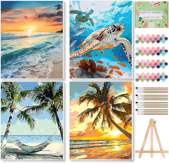 Qoosea Paint by Numbers Kit for Adults with Framed Canvas 4 Pack | Beach and Turtle Paint by Number Arts Kits for Beginner with Wooden Easel, Acrylic Set, Brushes for Home Decor, 9 * 12 Inch