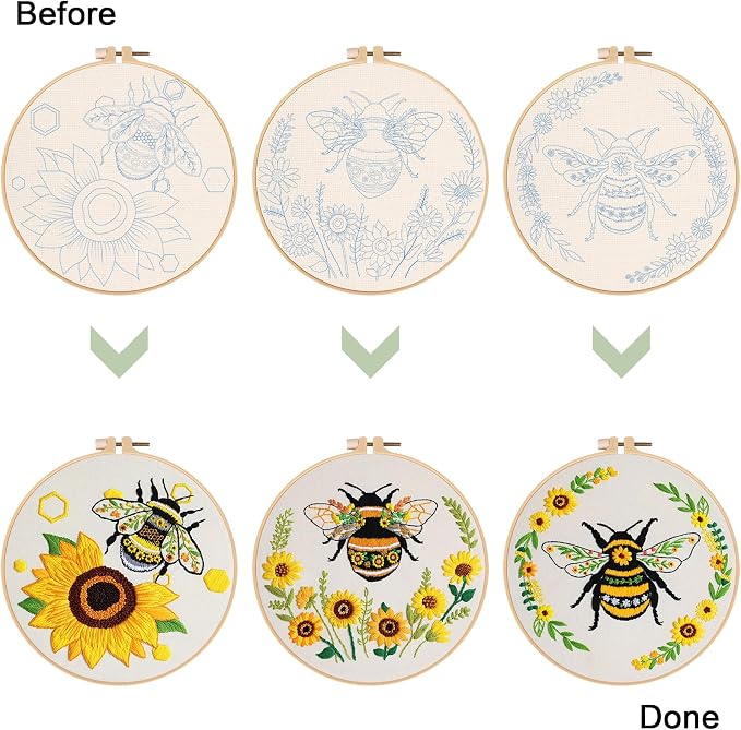 Nuberlic 3 Pack Embroidery Kit for Beginners with Bee Pattern