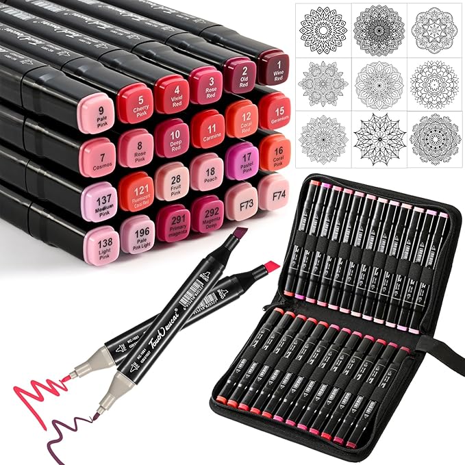 Red Pink Colors Alcohol Markers Set,24 Color Dual Tips Art Markers,Markers Pens for Artist Adults Coloring Illustration Painting DIY Crafts Making Art Supplies