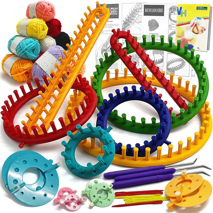 UCDRMA Premium Loom Knitting Kit 35PCS Beginners Long + Round Knitting Loom Kit with Yarn, Instructions & Pom Pom Maker, Quick Yarn Loom Set Scarf/Socks/Hat Loom Crochet Kit for Family