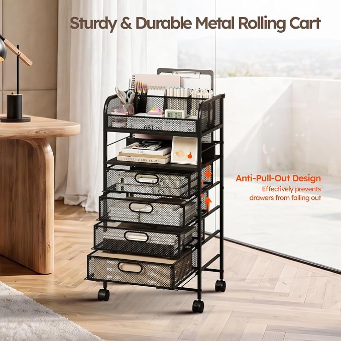 Homsorout Rolling Art Cart with 4 Drawers, Black