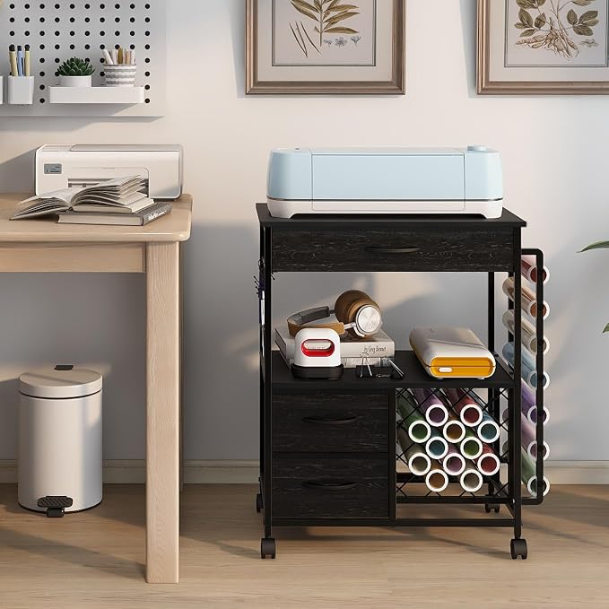 VENNQD Storage Cart Compatible with Cricut Machines Stand Cutting Machine Stand with Drawers and Vinyl Roll Holder Rolling Craft Cabinet Table for Cricut Craft Workstation for cart Craft Room (Black)